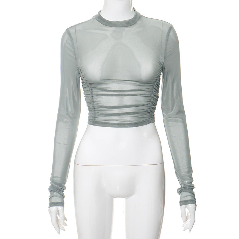 Wholesale Splicing Mesh Round Neckline Pleats Polyester Long Sleeves